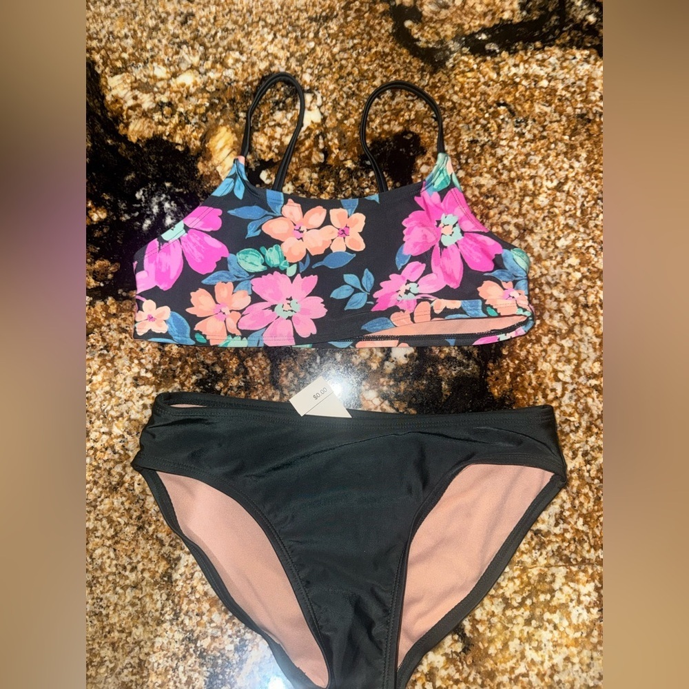 art class Black Floral Kids Swim Bikini